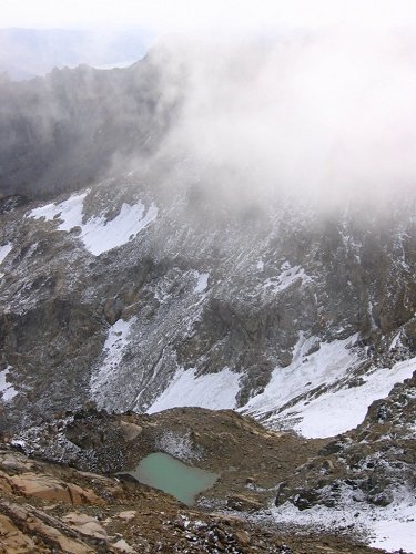 This little tarn east of the summit was so full of rock powder that it was almost opaque green.